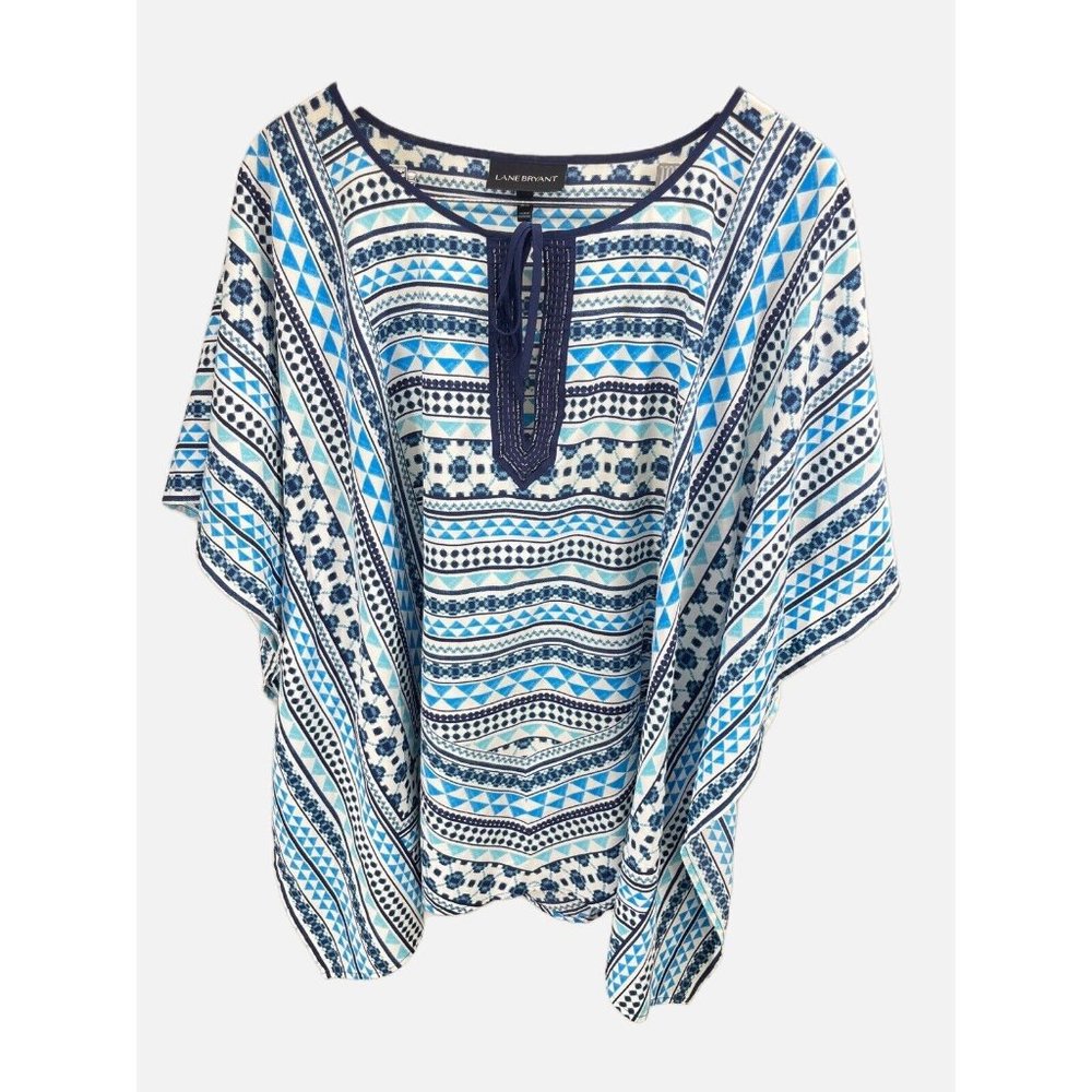 Lane Bryant Blue Printed Sequin Keyhole Blouse Short Sleeve Lightweight 14/16